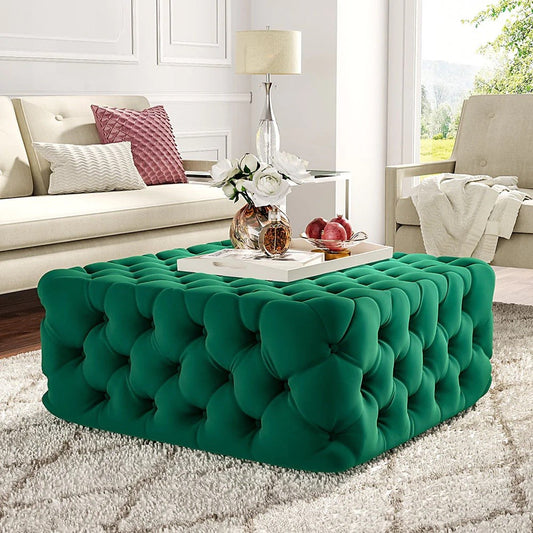 Green Velvet Chesterfield Footstool [Squared]