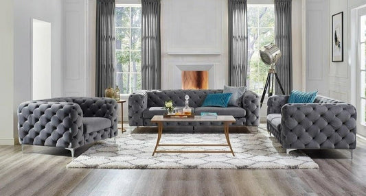 The Rocky Chesterfield Sofas Sets in Luxury Dark Grey Velvet