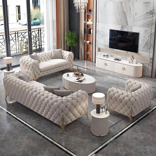 The Rocky Chesterfield Sofas Sets in Luxury Light Cream Leather